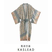 KASLEAD new womens Europe and the United States relaxed joker national wind printing system with closed waist kimono dress ❤