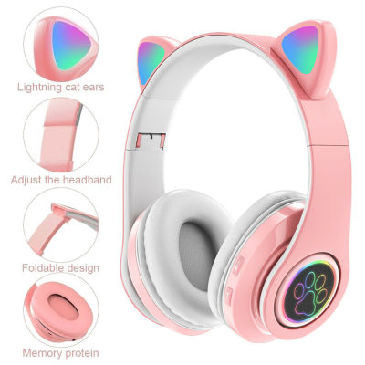 ZZOOI Cute Cat Bluetooth Headphones Foldable Earbuds High Fidelity Music Stereo Noise Canceling Headphones TF Card for Children Audio