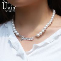 Uwin DIY Name Necklace Round Pearl Letters Art Font Stainless Steel Nameplate Pendant For Women Vintage Necklace Birthday Gift