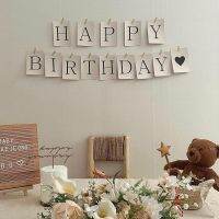 INS Kids 1st Cream White Paper Happy Birthday Banner Khaki Vintage 100 Days Garland Baby Shower Background Decoration Banners Streamers Confetti