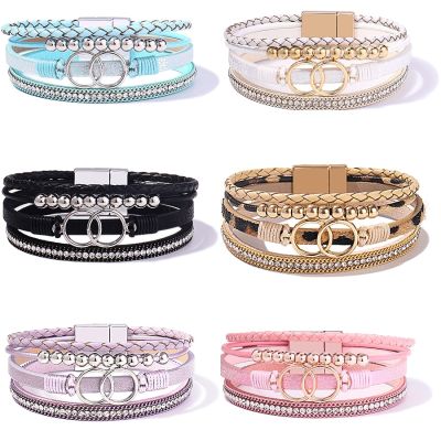 17 Styles Premium Color Matching Bracelet Multilayer Woven Leather Bracelet For Women Double Loop Magnet Buckle Hand Ornaments