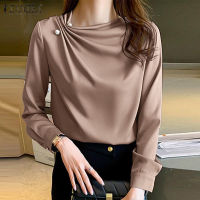 Queean เสื้อสตรีสไตล์เกาหลี Silky Satin Office Buisness เสื้ออย่างเป็นทางการแขนยาว Crew Neck Smock Blouse #11