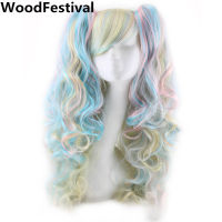 WoodFestival Synthetic Hair Cosplay Wig With Bangs Wavy Long Wigs For Women Two Claw Clip tail Pink Red Blue Black White