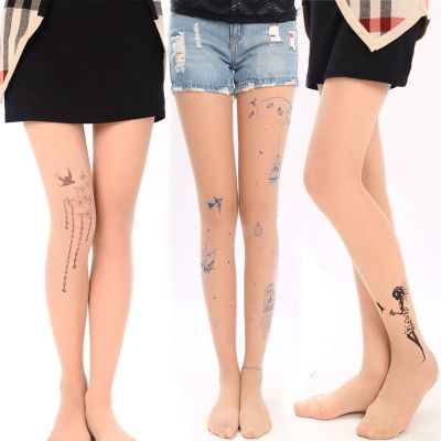 Ultra-thin Women Slim-fit Pantyhose Tattoo Cartoon Print Korean Style Leggings y Skin Color Spring Summer Stockings