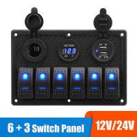 24V 12V 6 Buttons Switch Panel With Digital Voltmeter Tester USB Chargers 3.0 Light Toggle Car Power Adapter Marine Boat Caravan Ceiling Lights