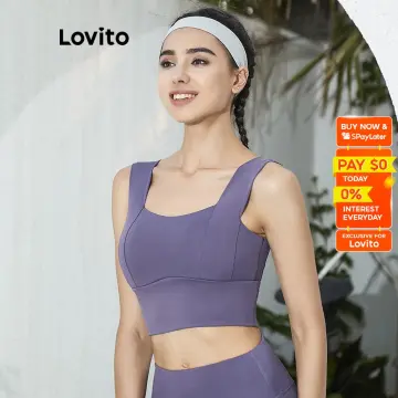 Lovito Plain Quick Drying Cut Out Taping Border High Support Push Up Gym  Outfit Sports Bra L09029 (Blue/Gray)
