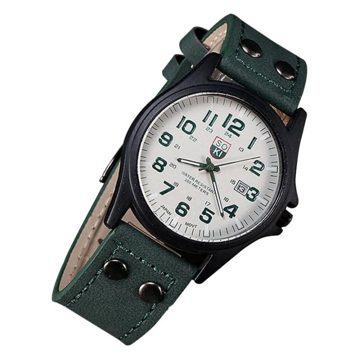 soki-นาฬิกาควอทซ์แนวสปอร์ตกันน้ำสำหรับผู้ชายคลาสสิกแนววินเทจสีเขียว