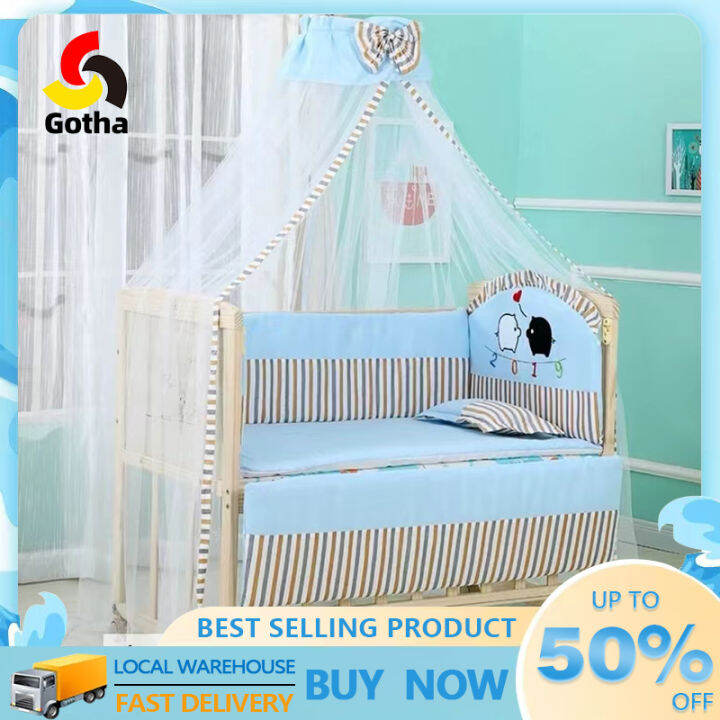 Wooden Crib (Kuna) Adjustable and Foldable Baby Bed Set with Mosquito