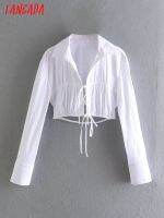 Tangada Women Retro White Pleated Crop Shirt with Bow 2022 Chic Female Backless Shirt Tops JE74