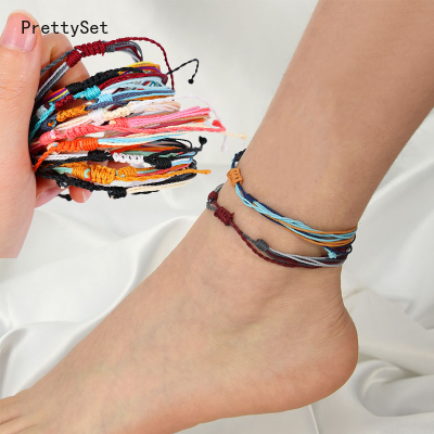 สร้อยข้อเท้าแฟชั่นโบฮีเมียนสีสันสดใสปรับได้สำหรับฤดูร้อนกำไลข้อเท้าทำมือลูกปัดเชือกมิตรภาพ
