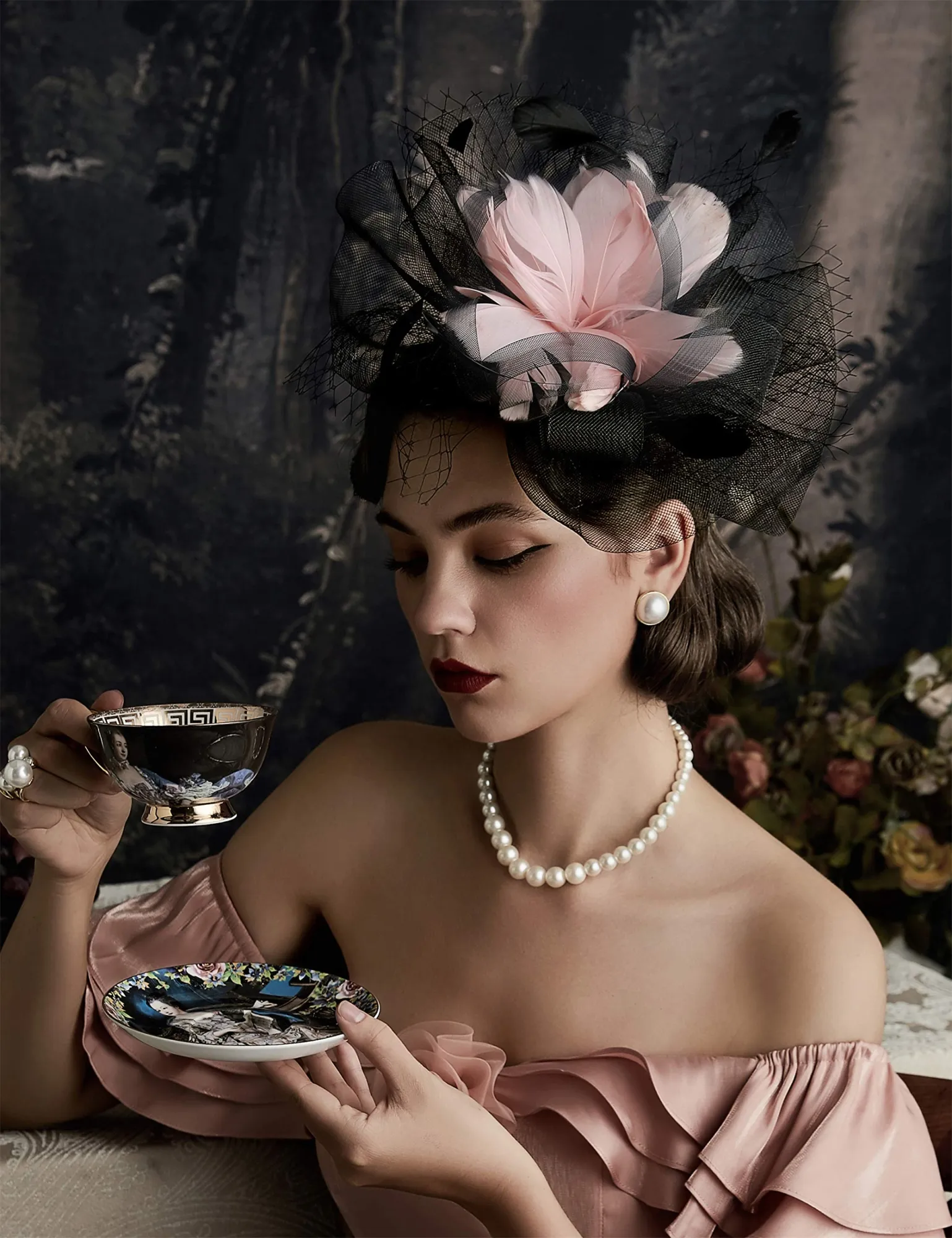 Black Feather hat with veil, black tea party hat, black bridal