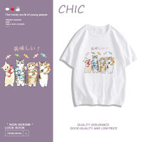 CHIC ผ้าฝ้ายแท้ ลูกแมวน่ารักพิมพ์เสื้อยืดแขนสั้น สไตล์สบาย ๆ T0493