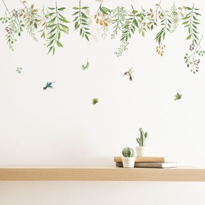 [24 Home Accessories] สีเขียวใบดอกไม้ผนังสติ๊กเกอร์ตกแต่งบ้านห้องนอนห้องนั่งเล่นพืชผนังสติ๊กเกอร์นกกำแพง D Ecals ประตูภาพจิตรกรรมฝาผนังวอลล์เปเปอร์