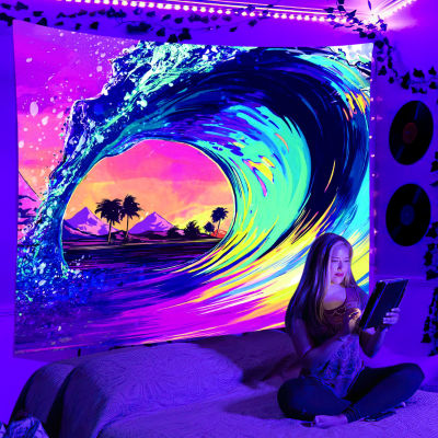 【cw】Black Light Tapestry Wall Hanging UV Reactive Psychedelic Space Beach Hippie Tapestry for Bedroom Dorm Indie Room Decor