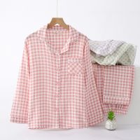 ✔ and autumn pure double-layer gauze ladies can plaid pajamas set simple thin section summer home service