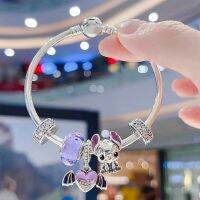 Cute Stitch Charms Bangles Men Disney Anime Purple Bat Wings Heart Pendant Bracelet For Women Glass CZ Spacer Beads Fine Jewelry