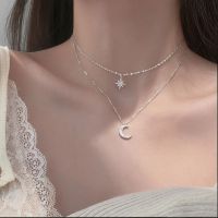 925 Sterling Silver Star Moon Double Layer NecklaceShiny Zircon Pendants Necklaces For Women Gift Fine Jewelry Accessories