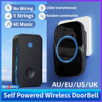 Self Powered กันน้ำไร้สายออดกระดิ่งประตูกระดิ่งแหวนไม่มีแบตเตอรี่ไฟฟ้า EU UK US Plug Smart Home 1 2ปุ่ม Receiver