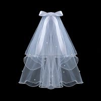 DIDEYTTAWL Two Layers Wedding Veils Short Pearls Tulle Bridal Veil Bow Beads Ribbon Edge Wedding Accessories White Ivory Hair Accessories