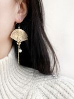 【YF】 Handmade Foldable Chinese Style Retro Metal Fan Earrings Tassel Temperament Womens Ear Clip