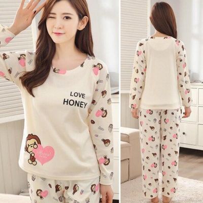 Sweet Cartoon Pajama Set With Long Sleeve Milk Silk Round Neck Sleep Wear