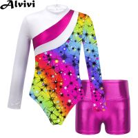 Child Girls Ballet Dance Leotard Long Sleeve Print Gymnastics Bodysuit with Shorts Skating Stage Performance Dancewear Swimwear