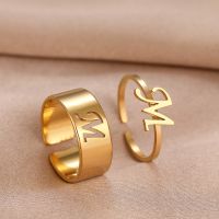 Stainless Steel Rings 26 A-Z Letters Goth Fashion Adjustable Couple Ring For Women Jewelry Wedding Forever Kpop Gifts 2Pcs/set