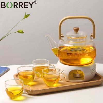 BORREY กาน้ำชาบอโรซิลิเกตแบบถอดได้,กาน้ำชาแบบมีที่กรองที่ดึงออกได้ด้ามจับไม้ไผ่กาต้มน้ำชาดอกไม้ขนาดใหญ่ Guanpai4ฐานวางกาน้ำชา