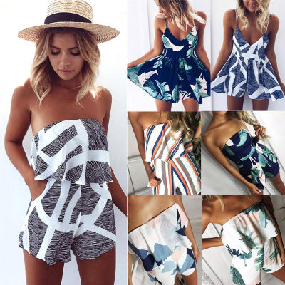 2022 Summer Women Beach Jumpsuit Plus size Print Romper Sleeveless Off Shoulder Short Overalls Backless y Playsuit For Female