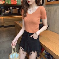 Sweet Women Solid Short Sleeve Knitted T-shirt Fashion Summer Casual Tees