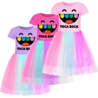 TOCA LIFE:WORLDS ชุดเดรส Tutu สำหรับเด็กผู้หญิงเดรสผ้าตาข่ายชายเสื้อแขนสั้นสำหรับเจ้าหญิงผ้าฝ้ายฤดูร้อนเสื้อผ้าเด็กผู้หญิงชุดเดรสปาร์ตี้วันเกิดอายุ3-12ปี0000