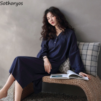 Nightgowns Women Popular Spring Long Sleeve Dress Loose Casual Solid Blue New Comfort Sleepwear Harajuku Korean Side-slit Soft