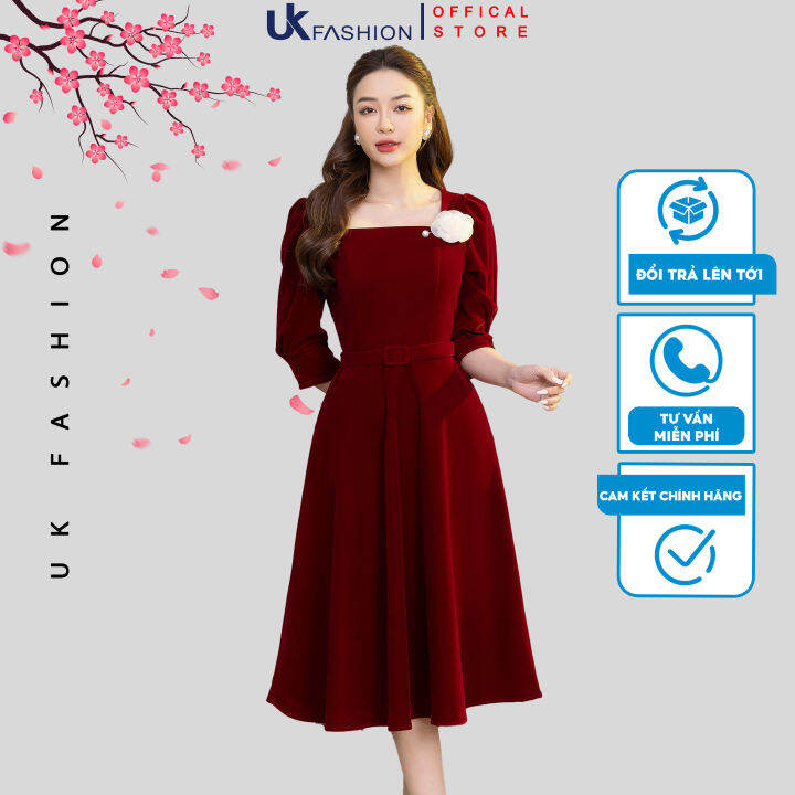 Đầm Nhung Cổ Vuông UK FASHION Thiết Kế Tay Bồng Tiểu Thư Chất Liệu ...