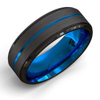 Mens fashion 8MM Black Brushed Ladder Edge Stainless Steel Ring Blue Groove Men Wedding Ring Gifts For Men