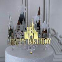 Snow Castle Cake Topper Acrylic Frozen Princess Happy Birthday Flags For Girls Childs Party Cartoon Baking Cake Decoration