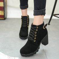 Autumn High-Heel Boots Belt Buckle Shoes Chunky-Heel Short Boots round-Toe Martin Boots Womens Lace-up Boots HYGC-B30