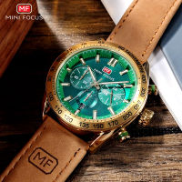 ZZOOI MINI FOCUS Gold Green Quartz Watches Men Casual Leather Strap Waterproof Luminous Wristwatch with Auto Date 24-hour Indicator