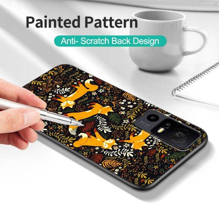 cute-case-for-tcl-40r-5g-case-back-phone-cover-protective-soft-silicone-black-tpu-fox-autumn-leaves