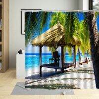 Summer Day Seaside Vacation Shower Curtain The sea Sandy Beach Coconut Tree Bridge Natural Scenery With Hook Bathroom Use Suit