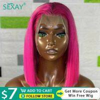 【jw】✤✗ Hot Pink Short Bob Front Wigs Human Hair 13x4 Transparent Frontal Wig Colored Drawn