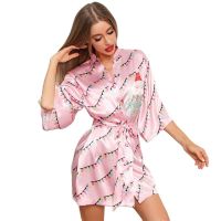 Christmas Women Sexy Satin Robe Print Sleepwear Kimono Bathrobe Gown Soft Nightgown Intimate Lingerie Loose Home Clothes