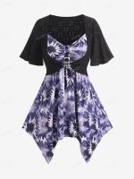 ROSEGAL Plus Size Womens T-Shirts Black Hollow Out Crop Top And Tie Dye Knot Buttons Cami Top Set Fashion New Tee Vest