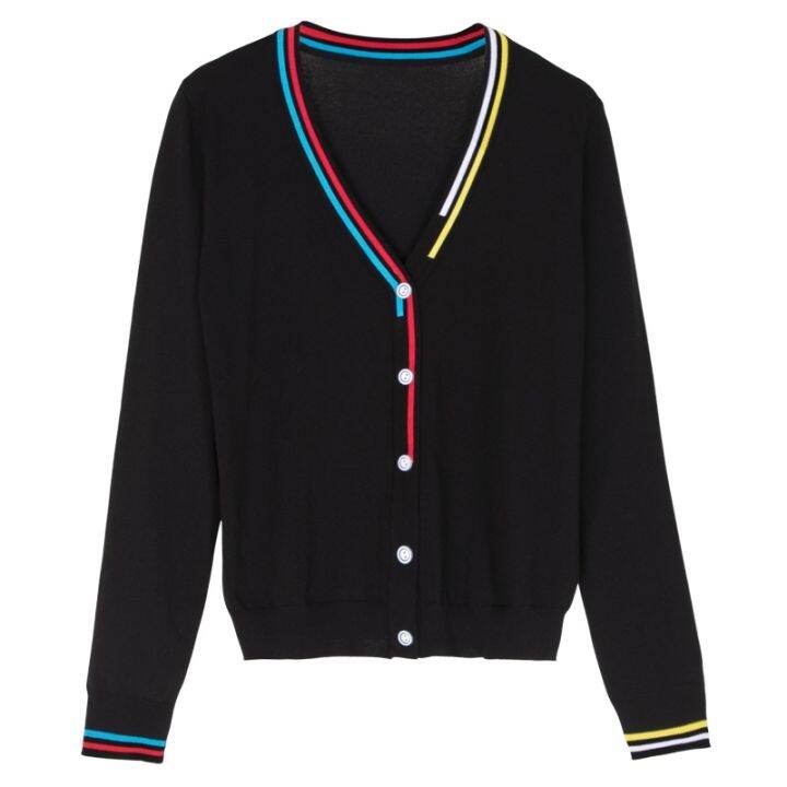 เสื้อคาร์ดิแกนถักสำหรับผู้หญิงสีดำเสื้อสเวตเตอร์ถักสไตล์-mode-korea