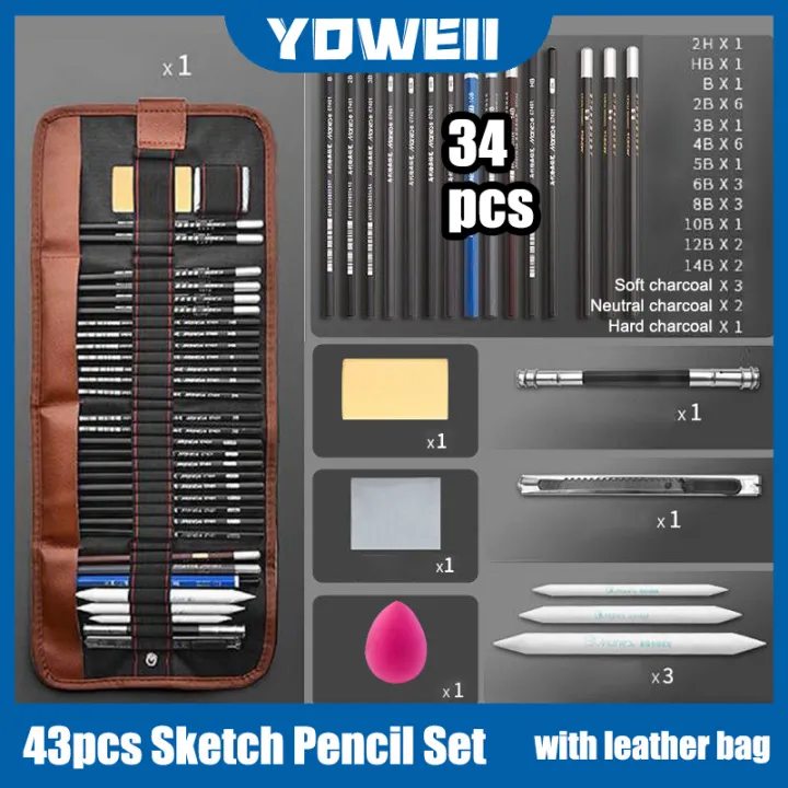 YOWEII 43PCS/SET Professional Drawing Sketch Pencil Set Charcoal Eraser Art Painting Sketch