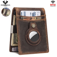 Airtag Rfid Blocking Credit Card Holder Crazy Horse Leather Vintage Money Clip Elastic Cash Holder Ultrathin Credential Purse