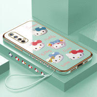 เคสโทรศัพท์สำหรับ Realme 7/Realme Narzo 20 Pro ฟรีสายคล้อง + การ์ตูนน่ารัก Hello Kitty เคสโทรศัพท์สำหรับสาวขอบสี่เหลี่ยมรูปแบบปลอกชุบเคสโทรศัพท์หรูหราชุบเคสโทรศัพท์นุ่ม