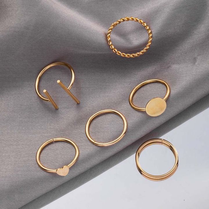 ชุดแหวนแหวนเชื่อมแหวนใส่นิ้วอัญมณีรูปหัวใจเครื่องประดับแฟชั่นสีทอง6ชิ้น-เซ็ตจากอัลลอยด์ของผู้หญิงหญิงสาวชุดแหวนเปิดสไตล์เกาหลี