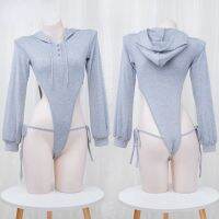 Lolita Anime Girls Sexy Cosplay Solid Grey Long Sleeve Bodysuit Hoodies Halloween Women High Cut Hooded Homewear Lingerie Gift