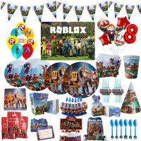 （ร้อน） Robloxs เกมสุขสันต์วันเกิดตกแต่งบนโต๊ะอาหารชุดแผ่นกระดาษถ้วยฟางพรรคซัพพลายบอลลูนน้ำยางทารกฝักบัวตกแต่ง