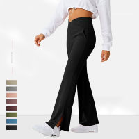 Women Crossover Split Pants Bootcut Yoga Pants Elastic High Waist Full Length Flare Workout Pants Bootleg Leggings with Pockets